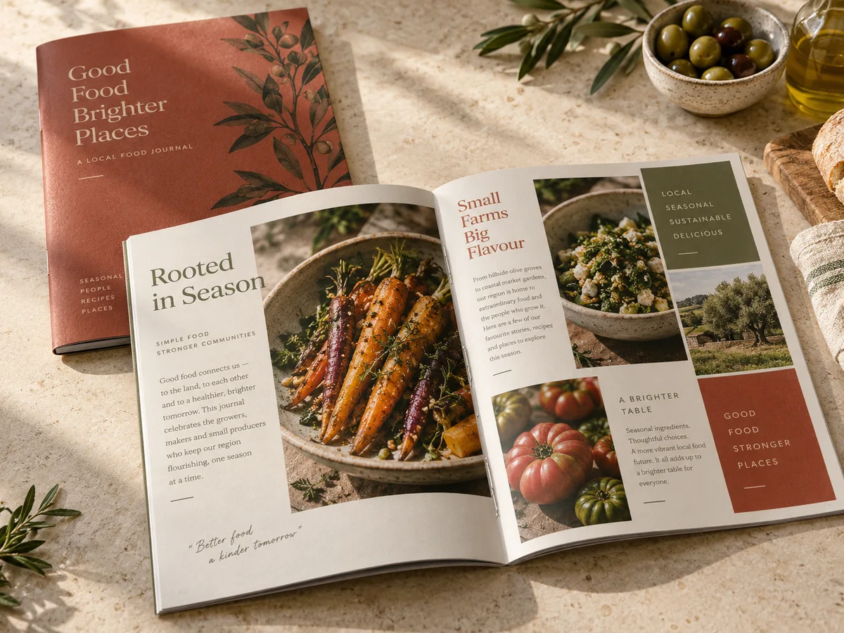 Open saddle-stitched local food journal with terracotta and olive-green editorial layouts and food photography on pale limestone
