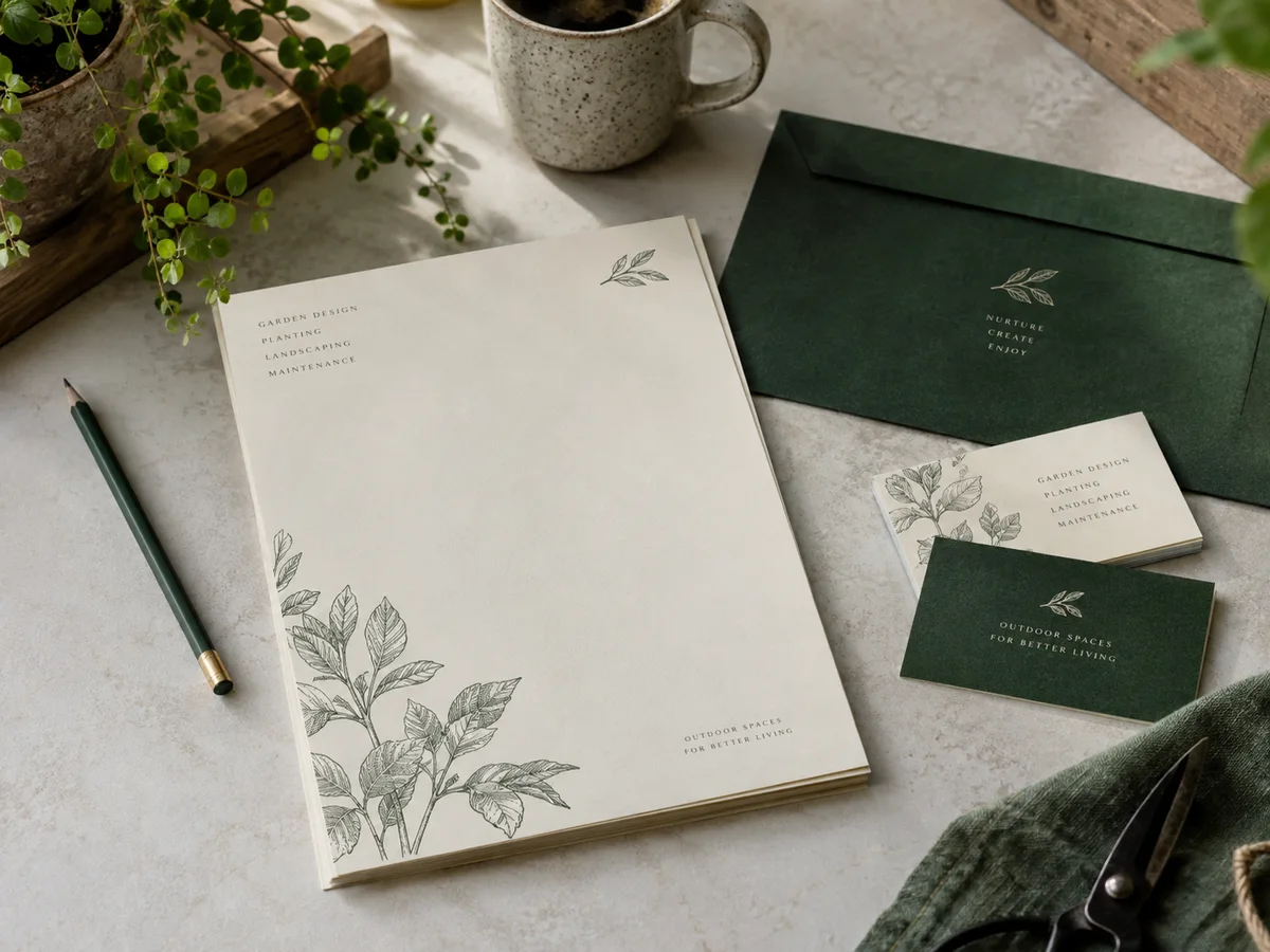 Cream and forest-green landscaping business stationery with fine botanical linework, on a pale worktable with a pencil
