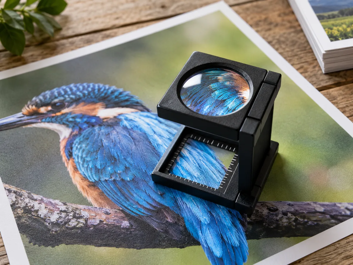 A black linen tester magnifier standing on a printed blue kingfisher photograph; enlarged feather detail visible through the real lens, sharp paper texture and subtle print dots