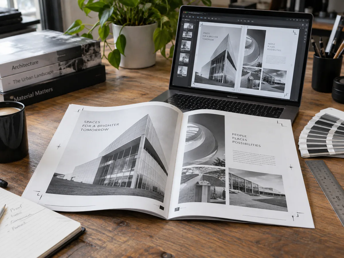 A high-quality printed black-and-white architectural brochure proof with trim marks and a laptop showing its matching PDF pages in a professional prepress workspace