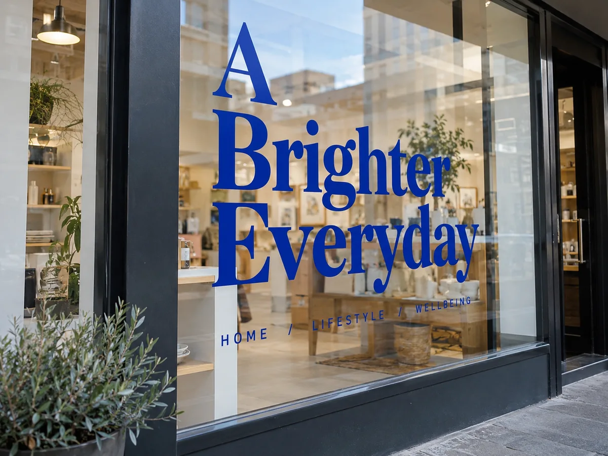 Large cobalt-blue typographic promotional window vinyl on a modern retail shopfront with clean transparent sightlines